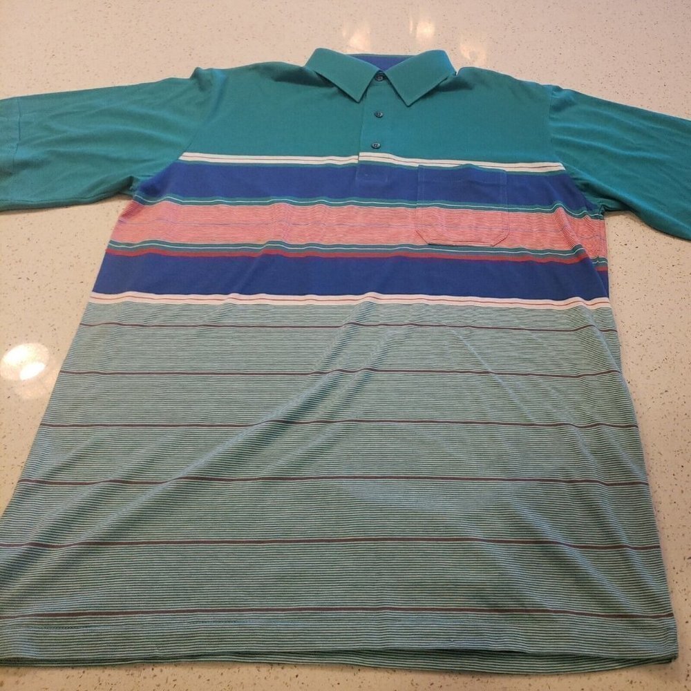 Oakton Limited Mens Size L Green Striped Short Sleeve Polo Shirt